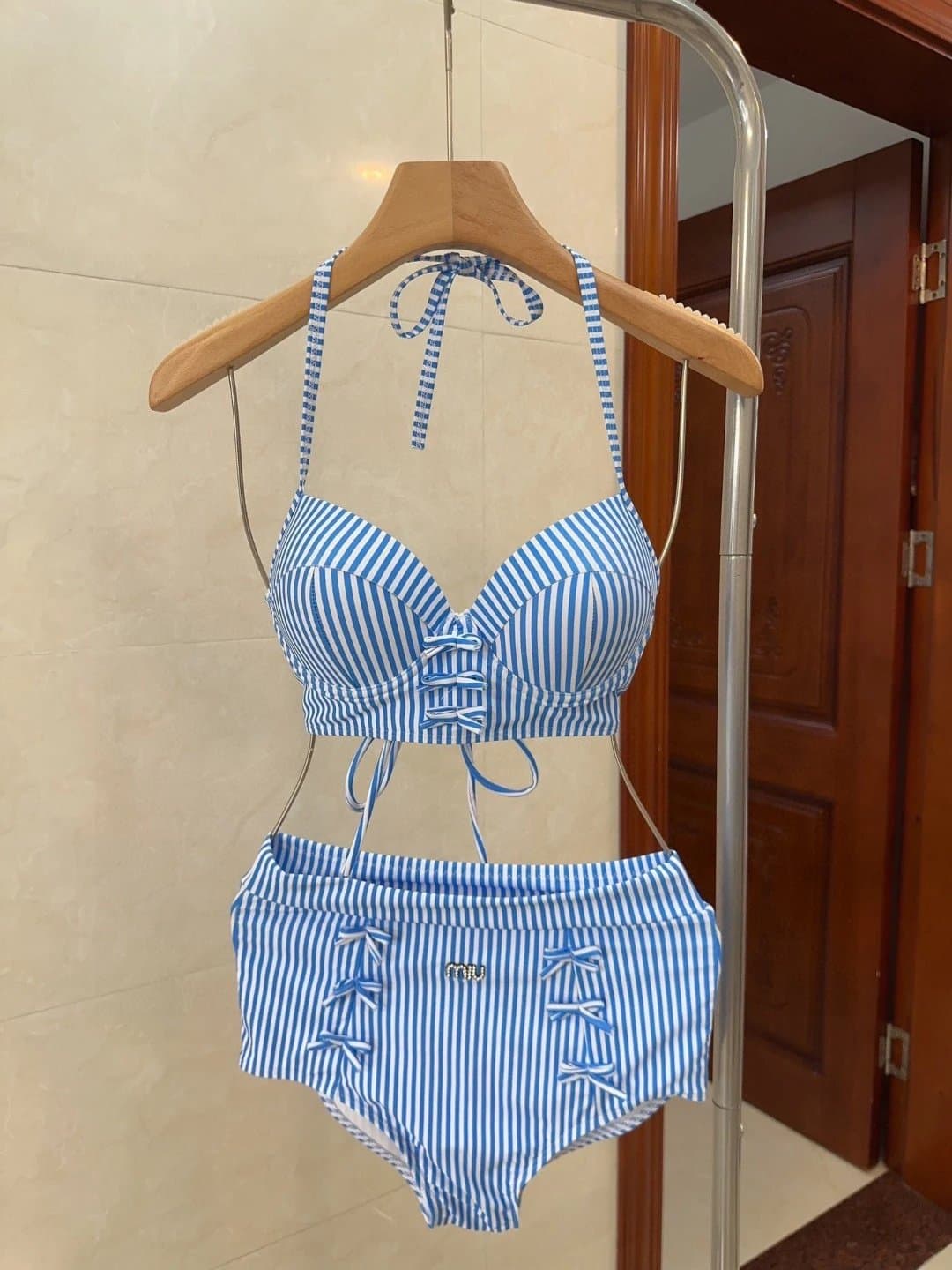Miu Miu Striped Halter Neck Bikini Set | 7757313888